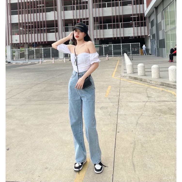 (Hình Thật Shop Chụp) Quần Jeans Ống Đứng Nữ Lưng Cao Màu Xanh Shop Yuri Jeans