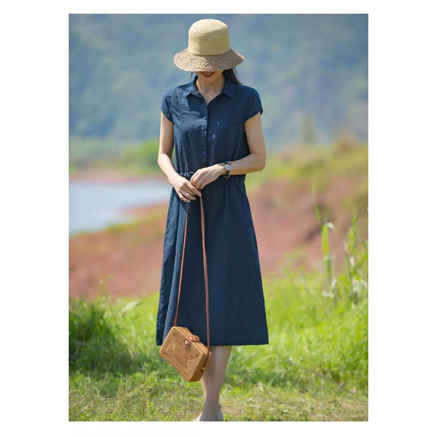 Đầm Suông Linen Cổ Đức,Váy Sơ mi Công Sở, Dạo Phố - Phong Cách Thời Trang Hàn Quốc Da70