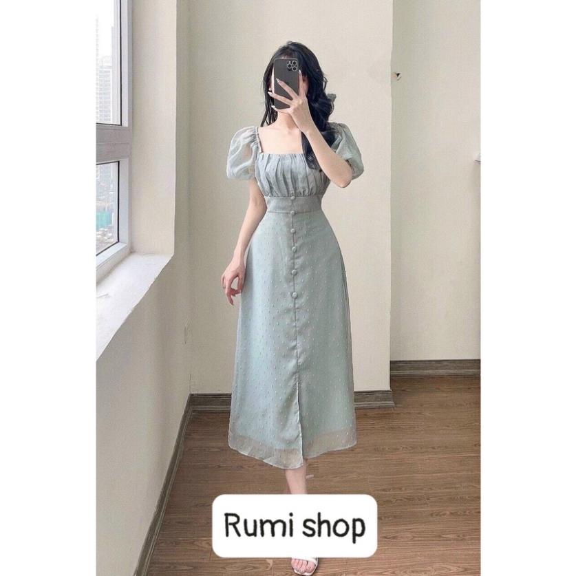Đầm voan hạt dáng dài cổ vuông biên hòa
