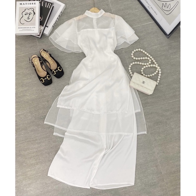 ÁO DÀI CÁCH TÂN TAY CÁNH TIÊN TRẮNG VẢI LỤA TƠ ÓNG SIÊU MỀM MỊN