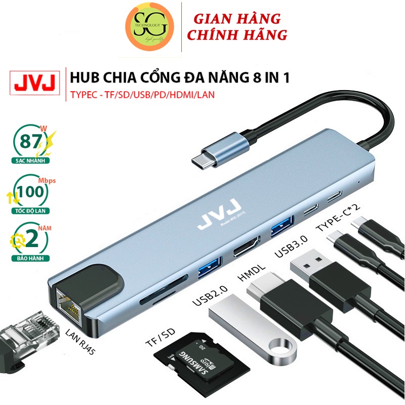 Hub chuyển đổi Macbook JVJ C11 cổng TypeC 11in1 sáng HDMI 4K, VGA, USB - C 3.0, cổng lan RJ45, TypeC 3.5mm BH 2 năm1đổi1