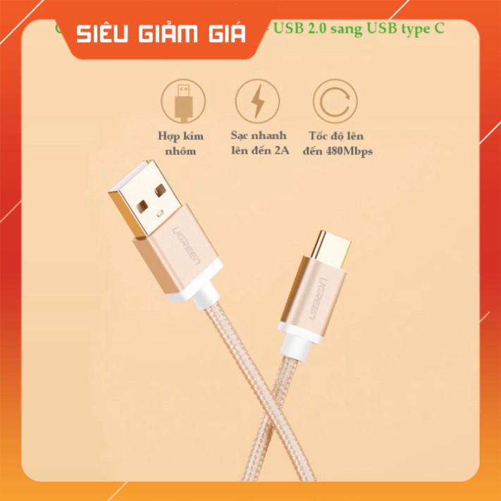 HOT- Dây USB 2.0 sang Type-C đầu mạ vàng dây bọc vinyl, dài từ 0.25-3m UGREEN US174