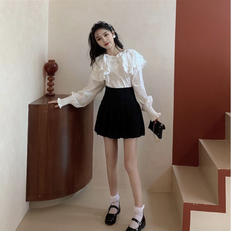 Áo sơ mi nữ cổ bèo 2 lớp tay phồng form rộng phong cách đơn hàn quốc