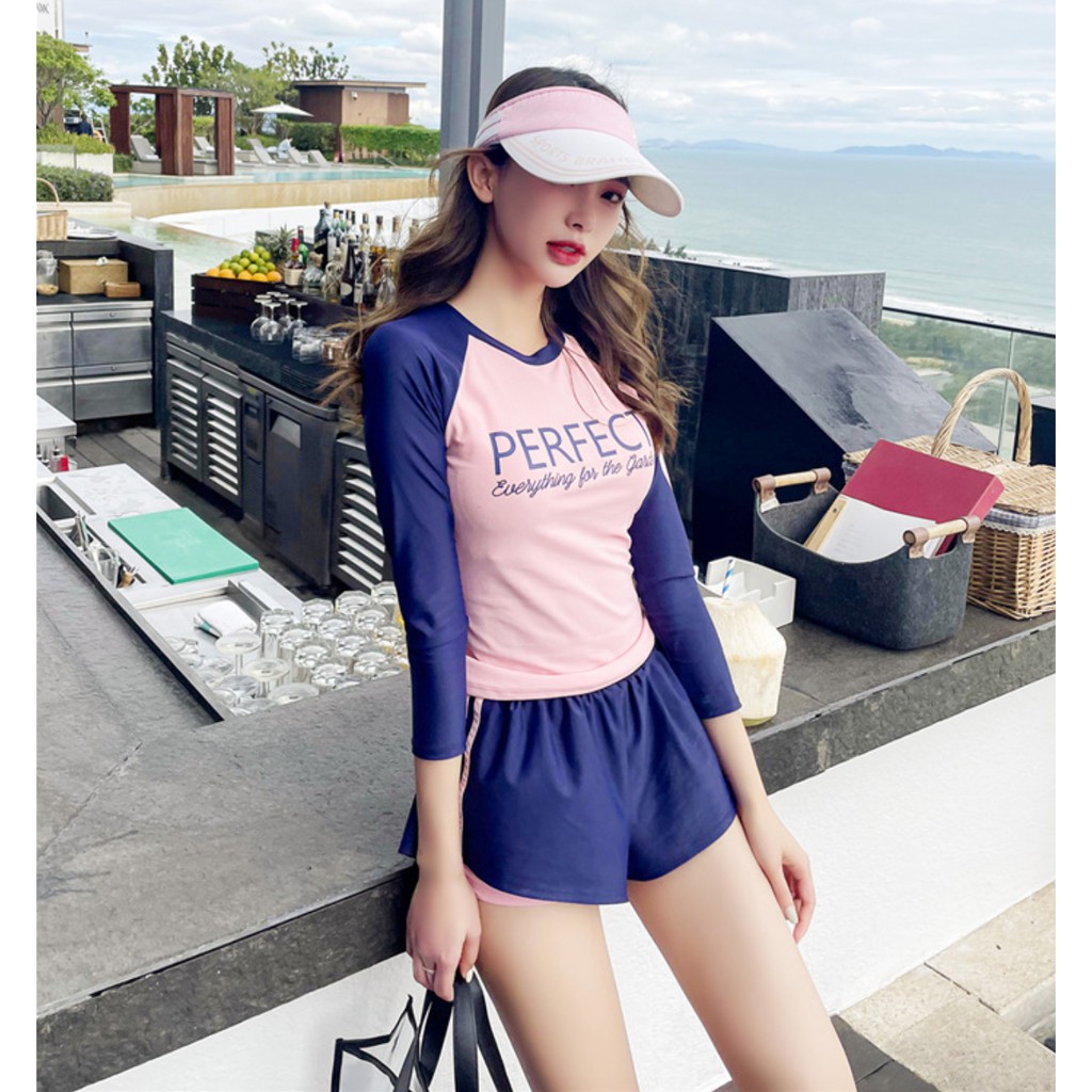 Bộ đồ bơi bikini nữ hai mảnh tay dài che nắng giấu bụng đi tắm biển hot trend
