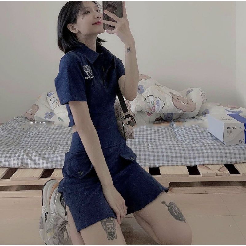 Bộ Áo Polo Chân Váy Tenis Nữ Xanh 🦋 Set Áo Polo Thêu Hình Cộc Tay Kèm Chân Váy Ngắn Xòe 🦋