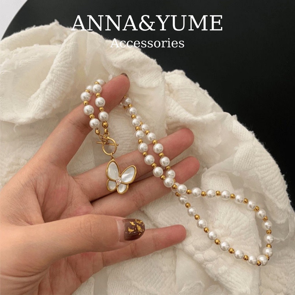 Dây chuyền ngọc trai nhân tạo hình bướm phong cách Retro Pháp, Vòng cổ ngọc trai hình bướm