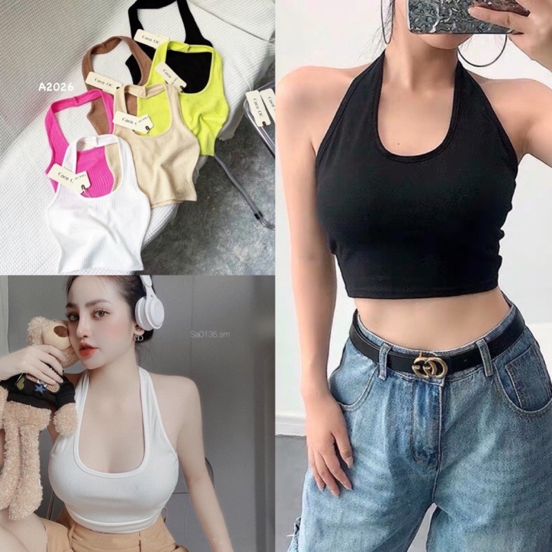 Áo croptop yếm kiểu dây choàng cổ (Video,chất co giãn tốt)