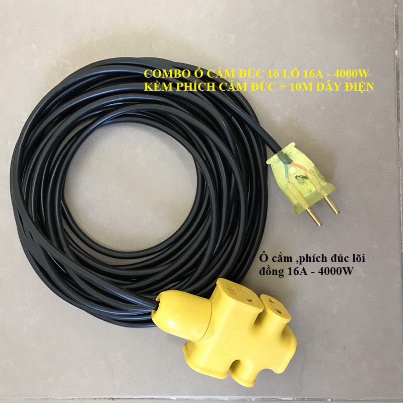 Dây điện 10m ổ cắm đúc + phích cắm đúc 16A không vở có đèn báo nguồn - siêu chặt - siêu bền - sử dụng an toàn