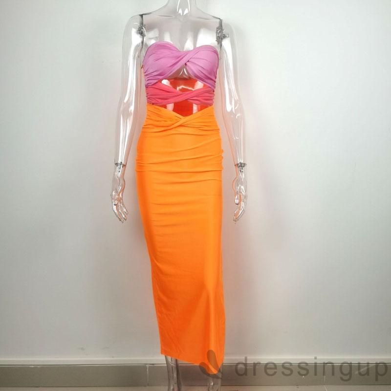 Đầm Ống Ôm Dáng Không Dây Màu Tương Phản Thời Trang Cho Nữ