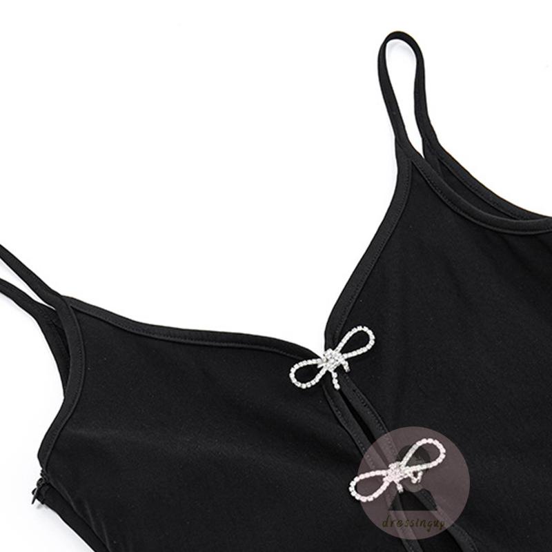 Đầm Ngắn Hai Dây Màu Đen Cổ Chữ V Khoét Sâu Đính Nơ Thời Trang Mùa Hè Cho Nữ