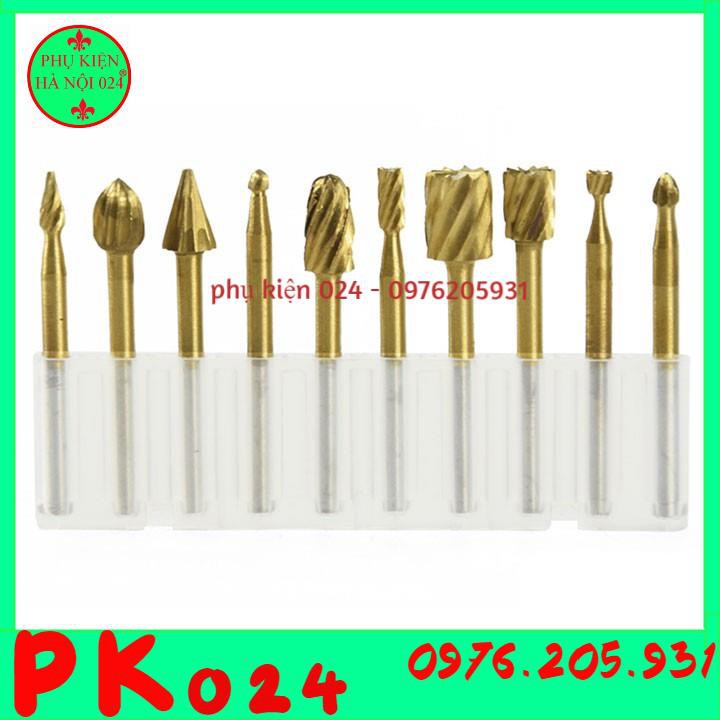 Bộ 10 mũi lũa gỗ điêu khắc, chạm trỗ mài khắc HSS chân 3mm dùng cho máy khoan mài mini