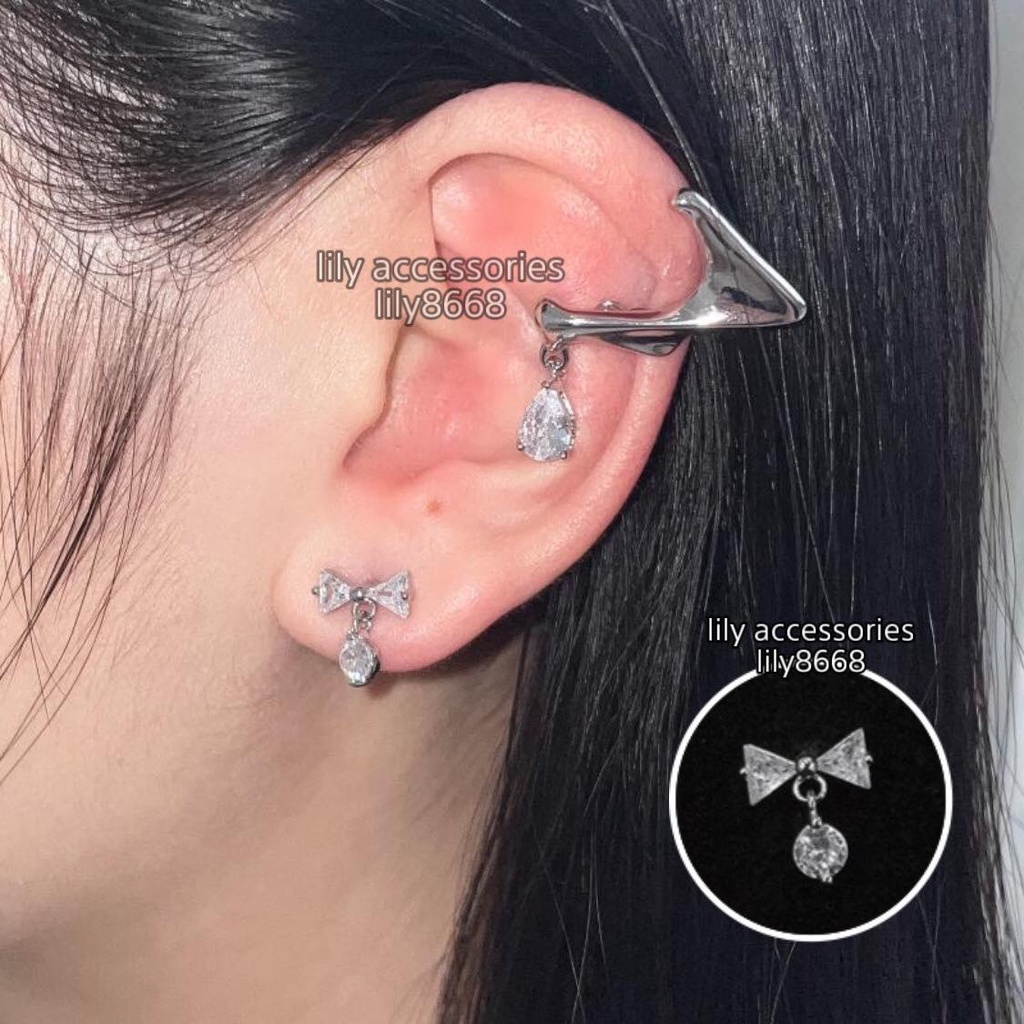 Bông tai khuyên tai titan nơ đá thả hạt tròn không gỉ không đen không dị ứng nam nữ Uniex