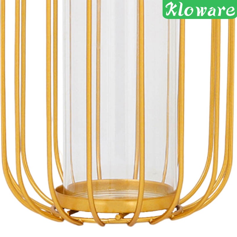 Bình hoa kiểu đèn lồng bằng thủy tinh khung sắt màu vàng phong cách Bắc Âu trang trí nhà cửa/văn phòng