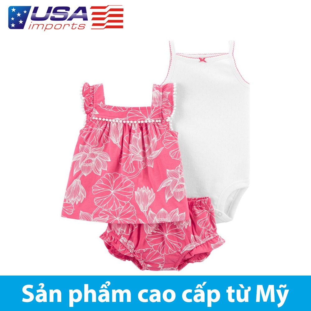 Set 3 món áo tay bèo hồng hoạ tiết hoa kèm quần short Car-tờ Auth Từ Mỹ (1K447910)