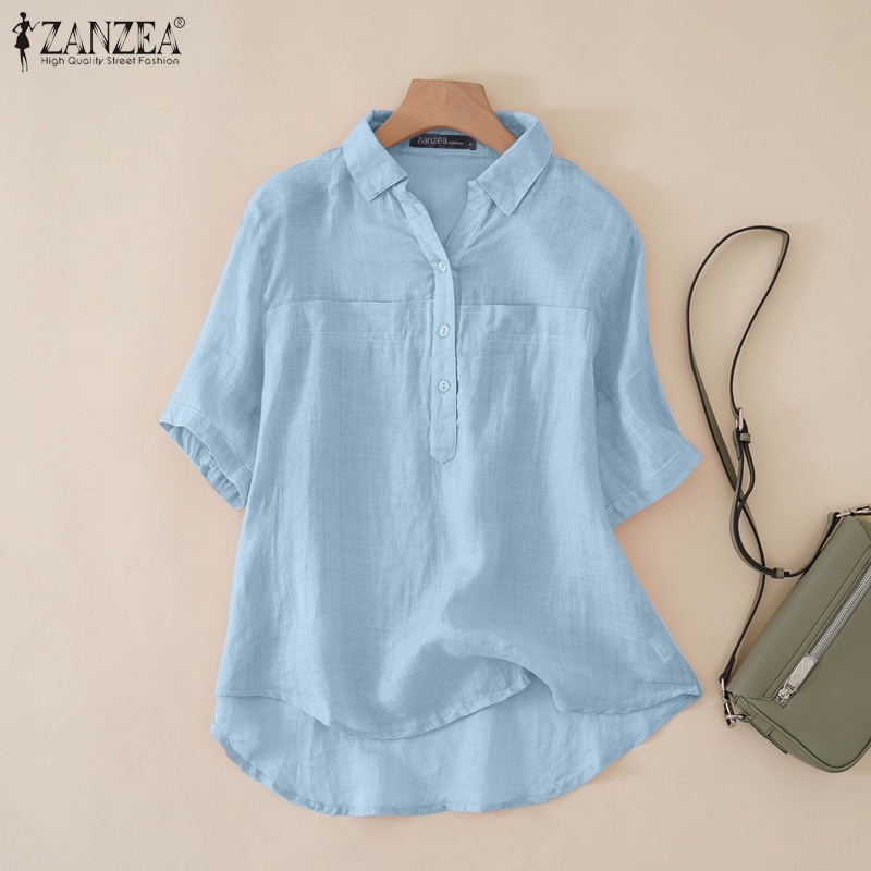 Áo sơ mi ZANZEA tay lửng cổ bẻ màu trơn thời trang Hàn Quốc cho nữ