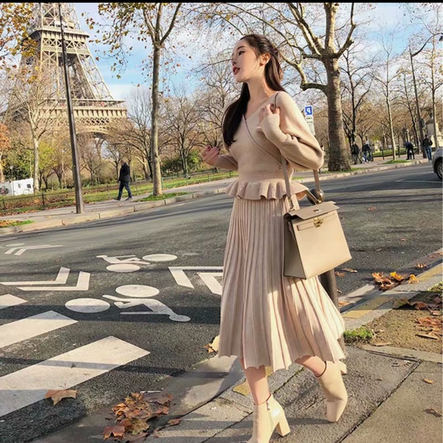 Set áo len peplum chân váy xoè dài