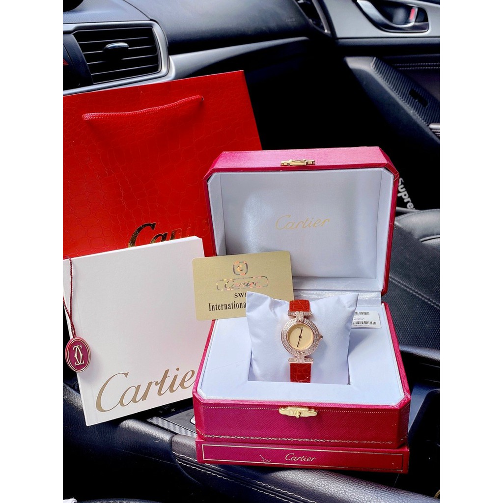 Đồng hồ nữ dây da, đồng hồ nữ chính hãng CARTIER full box mặt tròn viền xoàn cao cấp, siêu sang chảnh, đẳng cấp