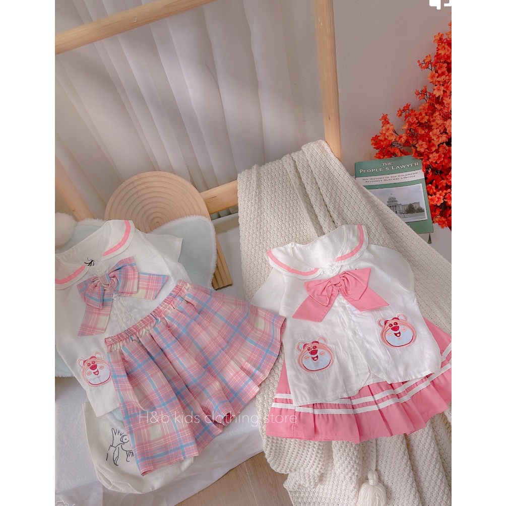 Set váy hồng học sinh 2 túi gấu bé gái