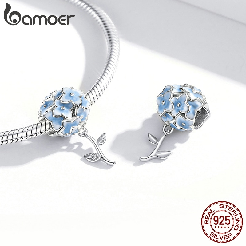 Mặt Dây Chuyền Hạt Charms Gắn Vòng Tay 3D Màu Xanh Dương Hoa Cẩm Tú Cầu Bamoer Bằng Bạc 925 Nguyên Bản Bijoux BSC392