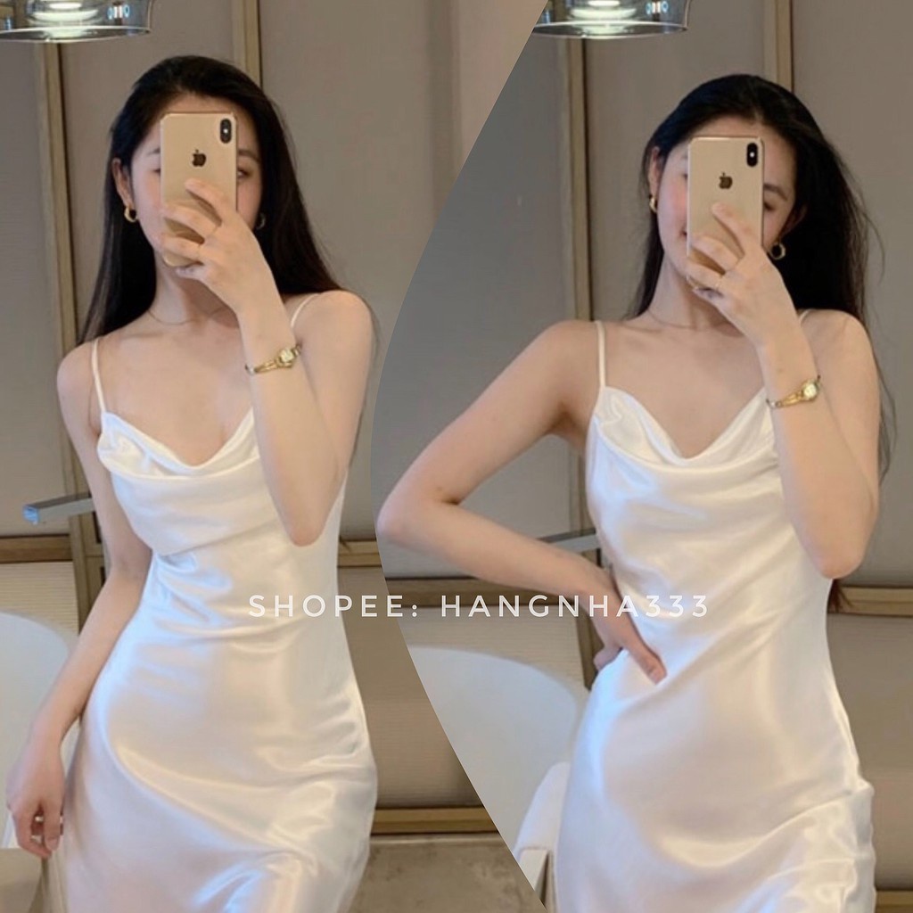 SẴN🔥Váy lụa 2 dây cổ đổ phi lụa cao cấp - Hàng mới về