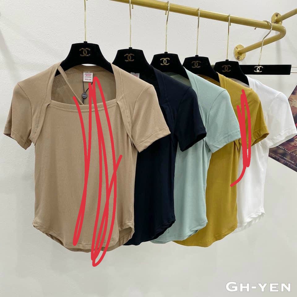 Áo Thun Gân Hàn Quốc Cổ Vuông Sâu Có Dây Chéo Ngực Ngắn Tay Sành Điệu TTKXA0411
