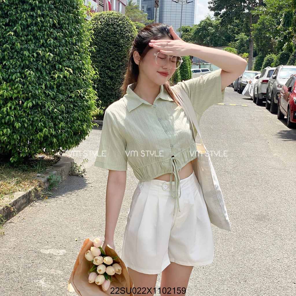 Áo sơ mi tay ngắn VM STYLE eo rút 2 nơ crop, áo kiểu nữ thời trang ulzzang Hàn Quốc 22SU022X1102