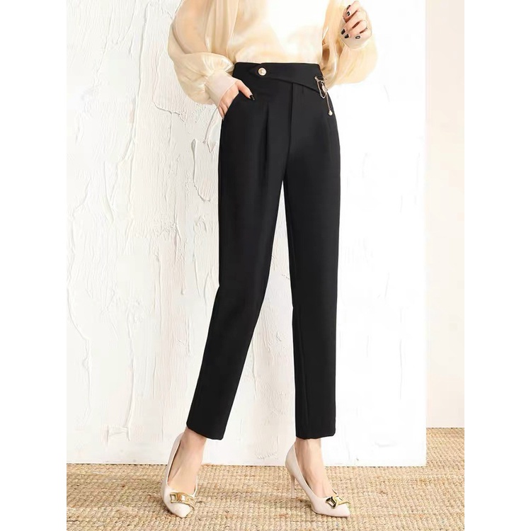 M000 Quần tây công sở nữ dài cạp lung cao phối xích mặt đá cách điệu - quần baggy công sở nữ