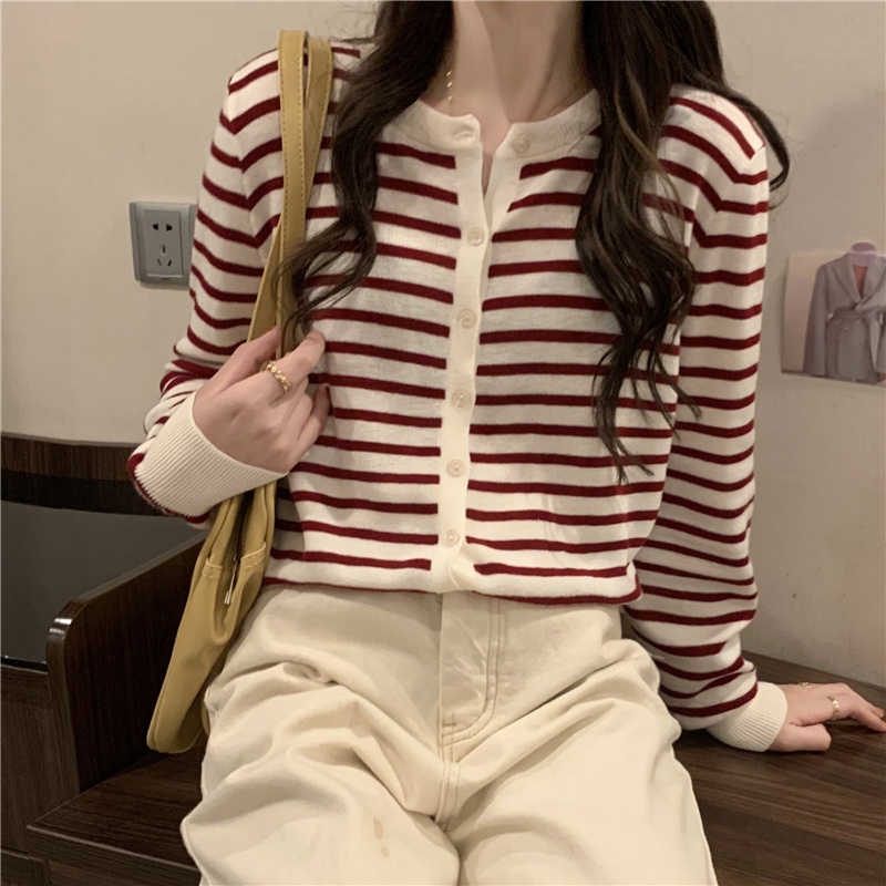 Áo Khoác Cardigan Dệt Kim Dáng Rộng Họa Tiết Kẻ Sọc Thời Trang Xuân Thu Phong Cách Hàn Quốc Mới Cho Nữ