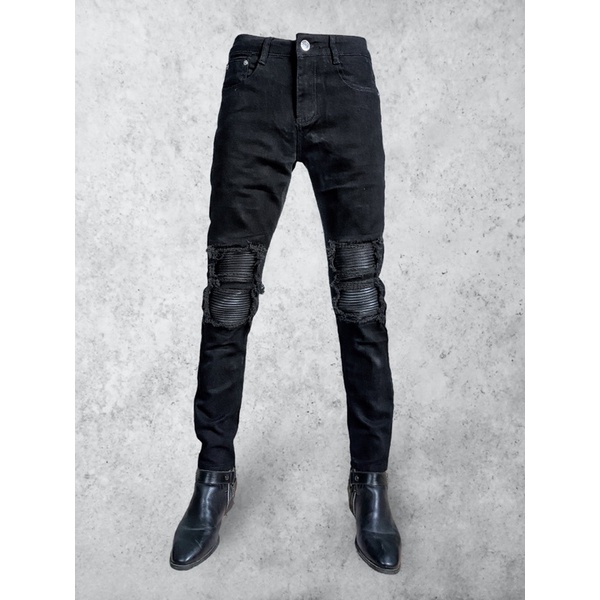 Quần BIKER JEANS đen đáp da 2/2