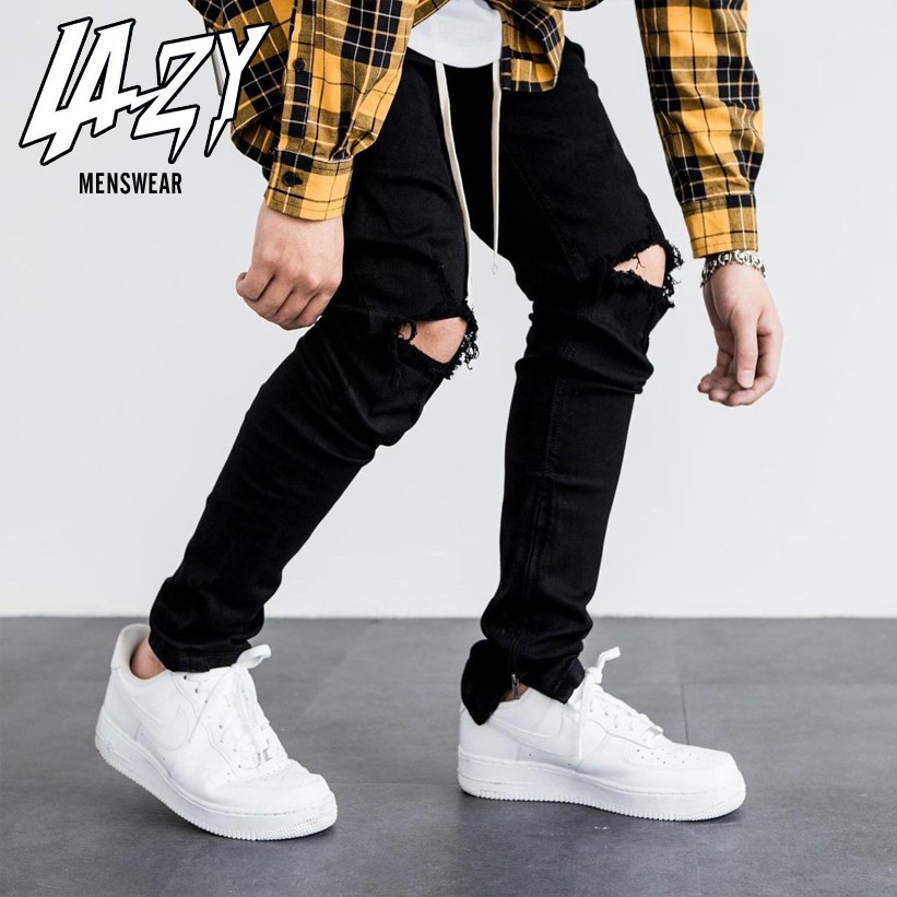 Quần Jean Đen Nam Zipper Streetwear Cao Cấp LAZY BOUTIQUE Màu Đen Trơn - Form Slimfit - Có Zip Jean Thun Co Giãn.