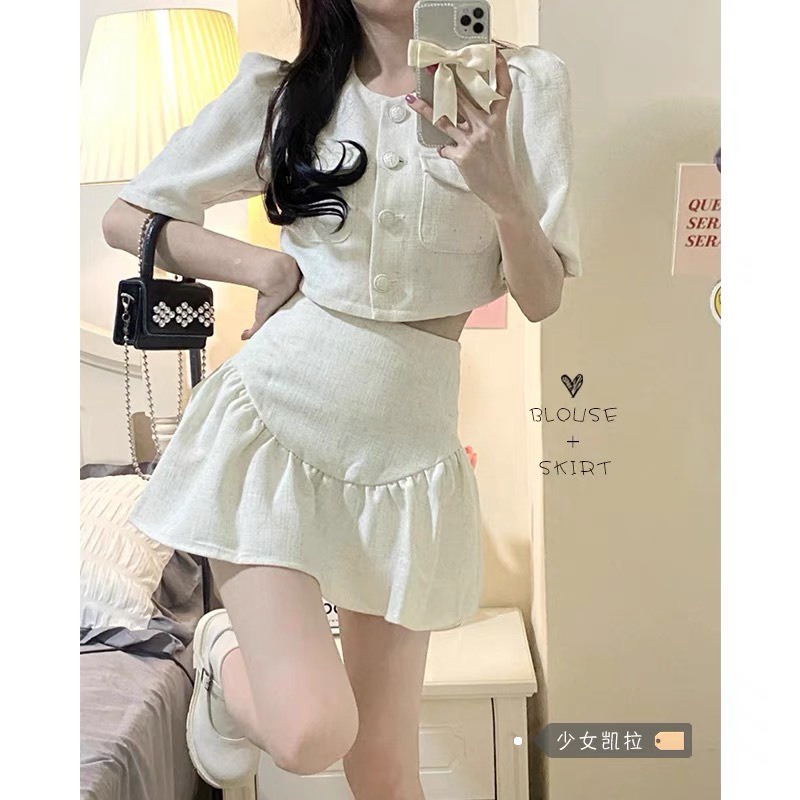 Set áo croptop cổ tròn tay phồng nút ngọc + chân váy ngắn xòe bồng - Coco set, set váy siêu xinh