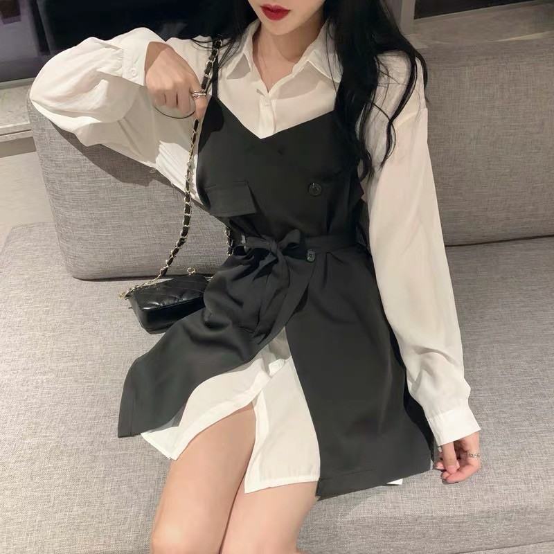 Set áo sơmi phối gile thắt nơ ulzzang hàng QC loại 1