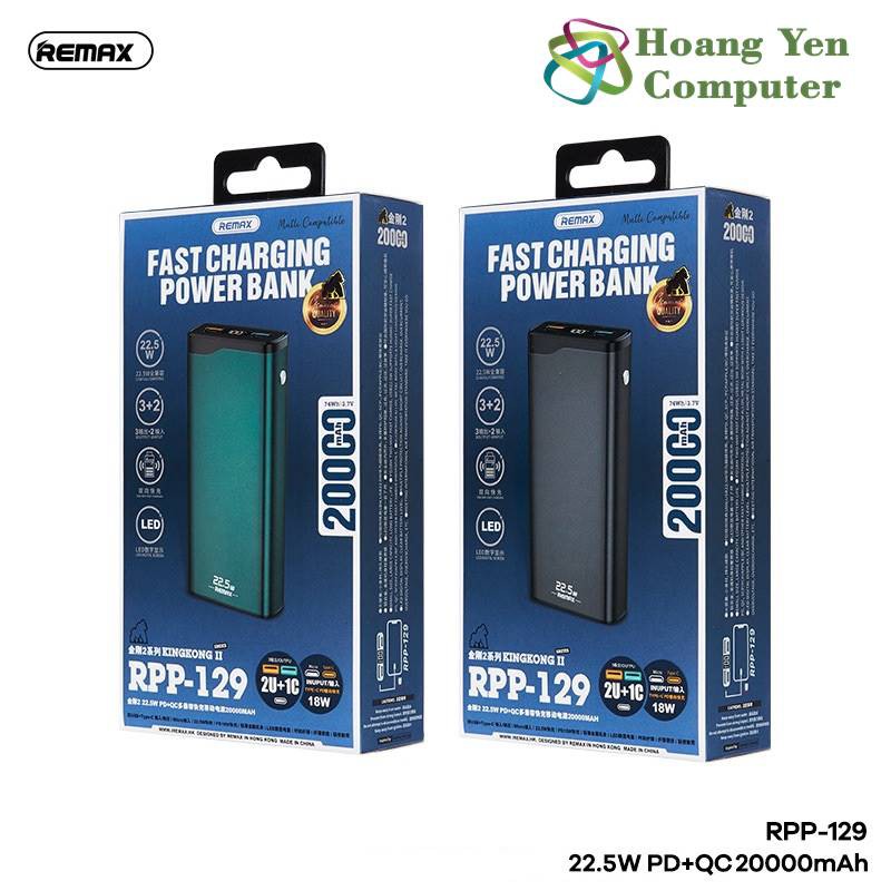 Sạc Dự Phòng Remax RPP-129 20000Mah (Sạc Nhanh QC3.0 18W, 22.5W, PD 18W) - BH 1 Năm - Hoàng Yến Computer