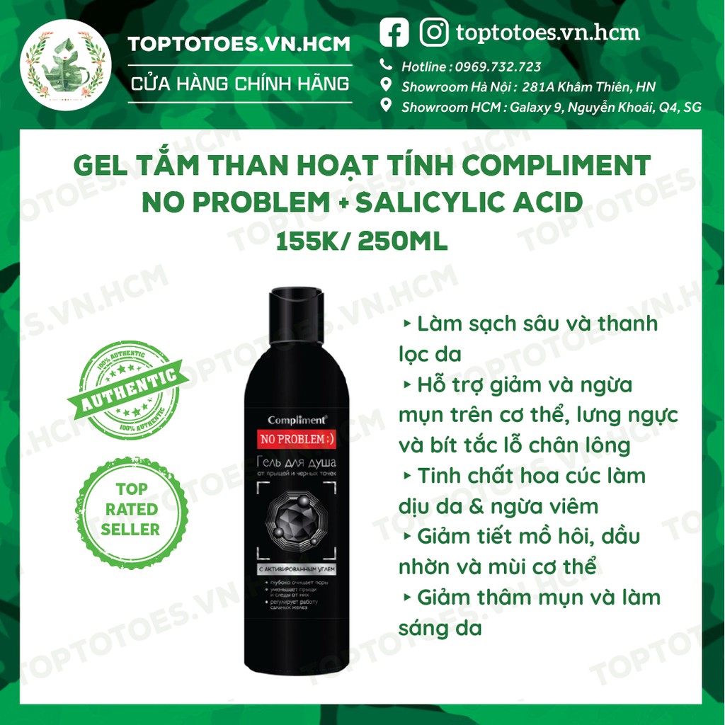 Gel tắm than hoạt tính Compliment No problem + Salicylic Acid làm sạch sâu, giảm và ngừa mụn cơ thể