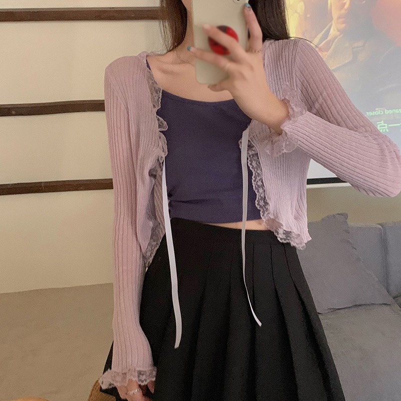 Áo Croptop Tay Dài Thiết Kế Cột Dây Phong Cách Hàn Quốc Cho Nữ