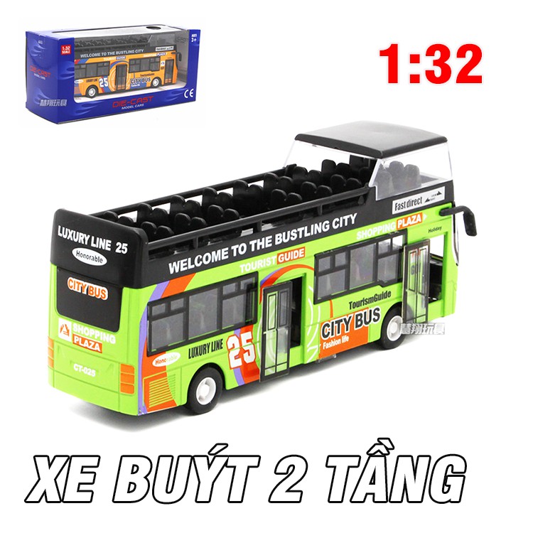 Mô hình ô tô xe buýt 2 tầng bằng sắt đồ chơi trẻ em tỉ lệ 1:32 có âm thanh và đèn khi mở cửa