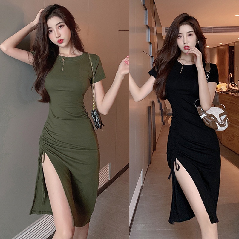 Váy cotton cao cấp cho phụ nữ mùa hè dây rút ngắn tay sexy xẻ tà dài váy ôm vừa vặn và váy dài qua gối trung bình mỏng