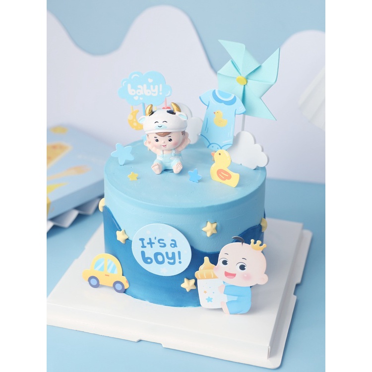 Set que cắm em bé ôm bình sữa xanh baby_Phụ kiện trang trí bánh