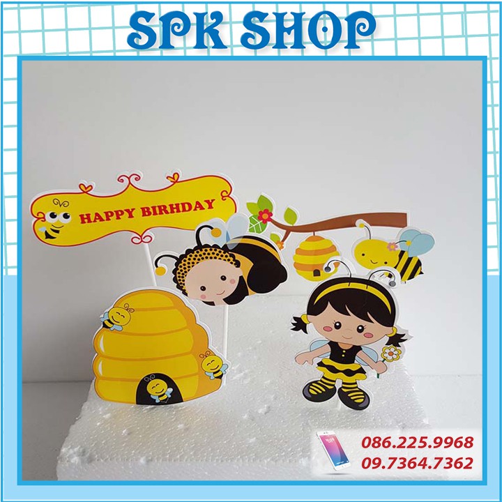 [FREESHIP❤️] Set cắm giấy bé gái và ong tinh nghịch - Trang trí bánh sinh nhât bánh kem - SPK Shop