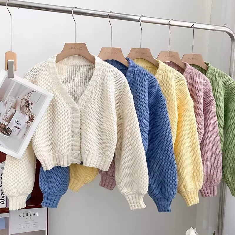 Áo Khoác Cardigan Dệt Kim Tay Dài Cổ Chữ V Màu Sắc Ngọt Ngào Thời Trang Thu Đông Cho Nữ