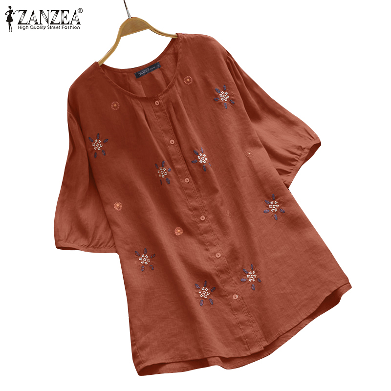 Áo ZANZEA tay ngắn dáng rộng có hàng nút phía trước thêu họa tiết phong cách thường ngày dành cho nữ