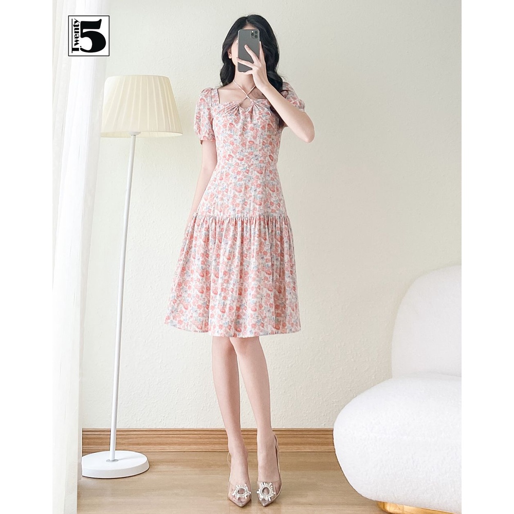Đầm váy xòe midi dạo phố voan hoa nhí dây thắt nơ sau Twentyfive SD24