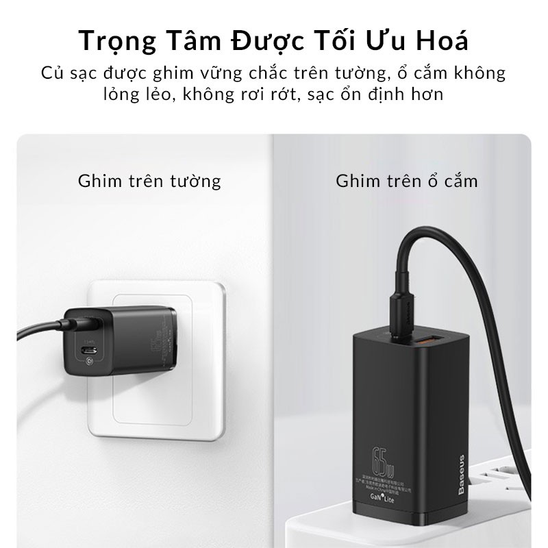 Củ Sạc Baseus 65W GaN 2 Lite Sạc Cho Laptop macbook iPad iPhone Hỗ Trọ Sạc Nhanh Samsung 45W Tích Hợp PD3.0, QC4+, SCP