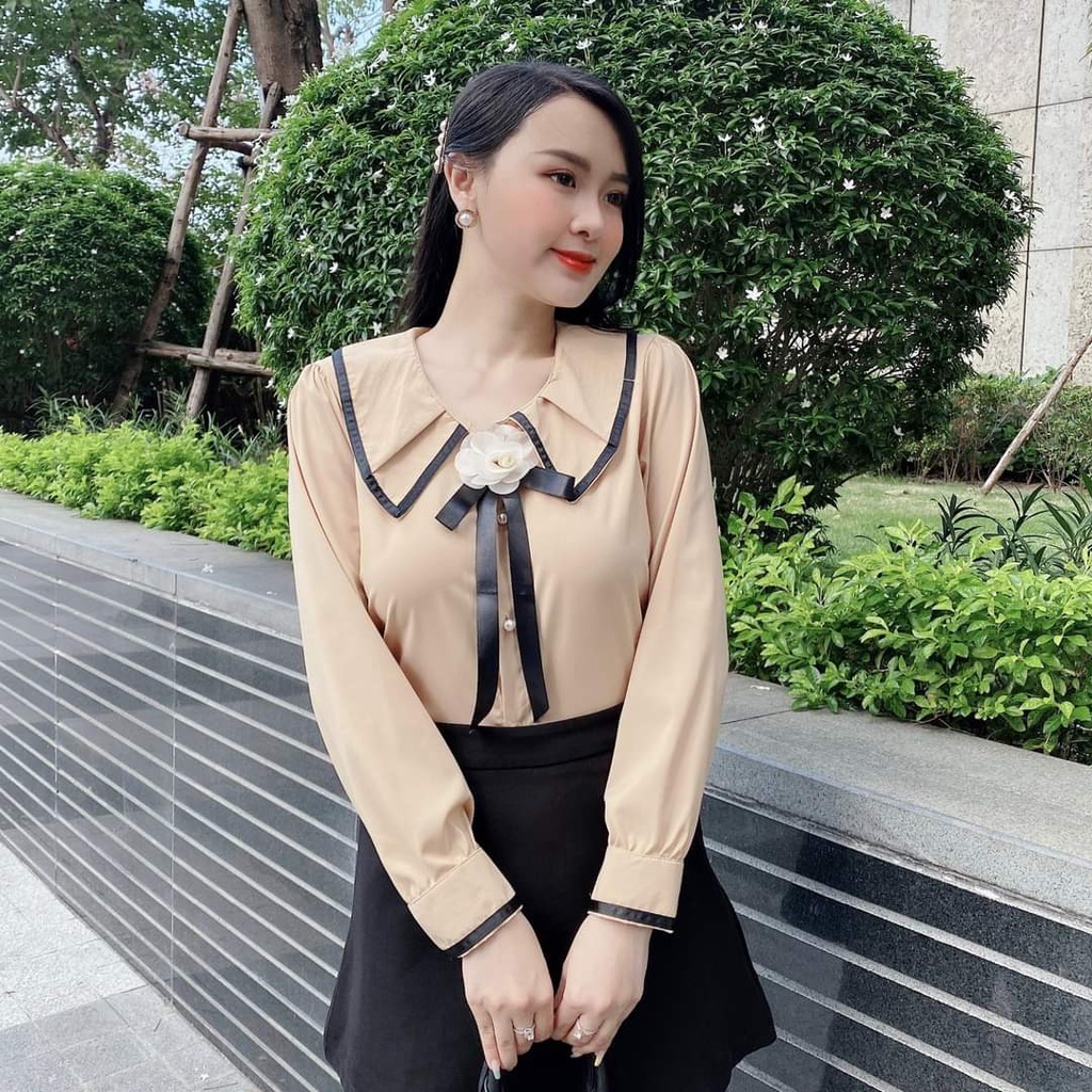 Áo sơ mi nữ công sở thời trang SURI lụa màu nâu cổ sơ mi,dài tay,có nơ cài cổ rất trẻ trung-HOACONAU