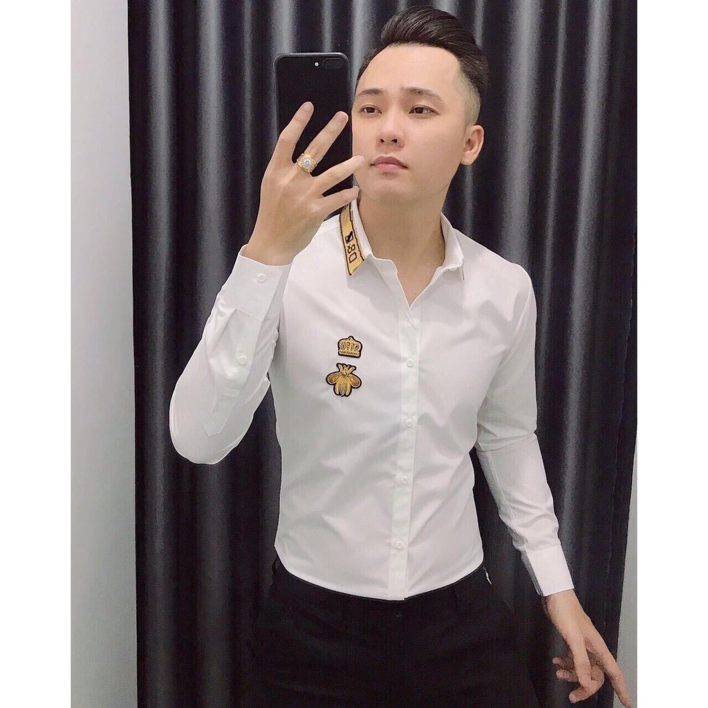 Áo Sơ Mi Nam Dài Tay Logo DG Vải Lụa Cao Cấp, Áo Sơmi Trắng Dáng Ôm Form Body