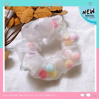 Scrunchies cột tóc vải pompom dễ thương TÍM STORE