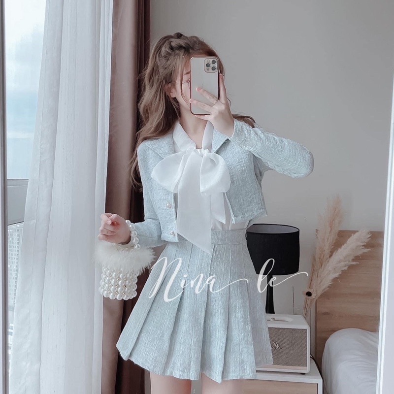 Set dạ TWEET 2 chi tiết xanh ngọc hàng thiết kế- Áo vest croprop + chân váy xếp ly