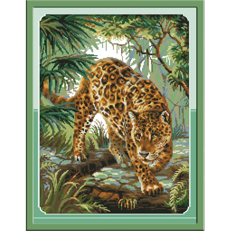 Joy Sunday Jungle leopard Cross Stitch Kit dành cho người mới bắt đầu, Bộ thêu DIY hoàn chỉnh in họa