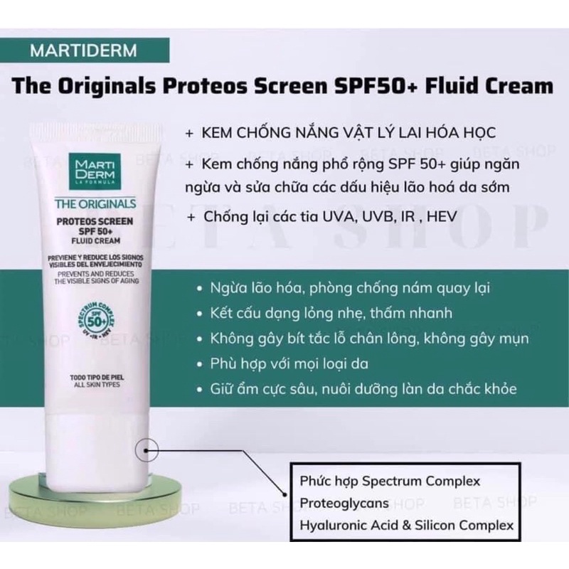 Kem chống nắng MartiDerm The Originals Proteos Screen SPF50+ phổ rộng 40ml