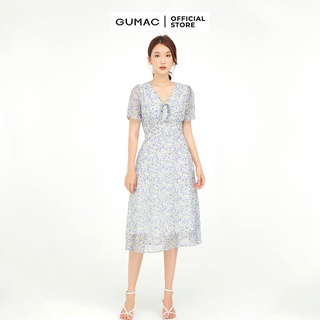 Đầm xòe nữ họa tiết hoa cổ V nơ tím GUMAC DB595